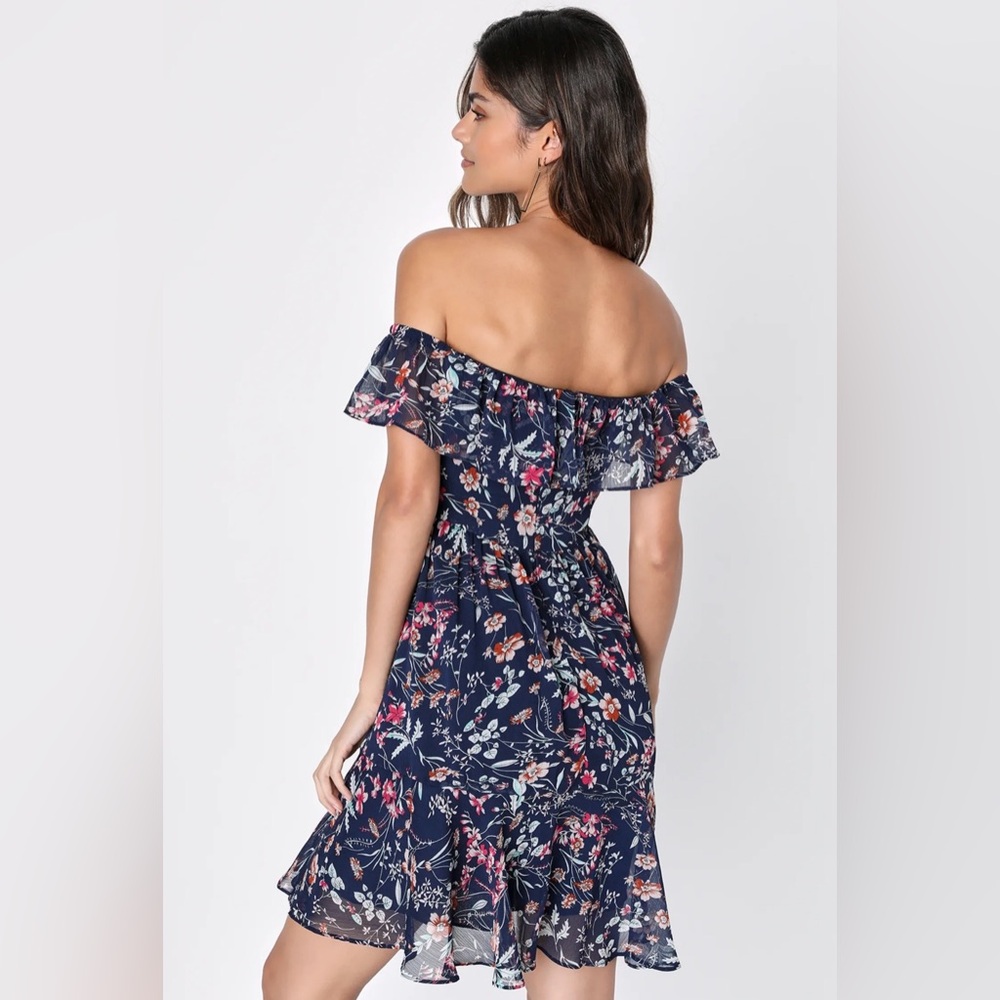 Lulu's Off The Shoulder Floral Navy Dress - Picture 3 of 9